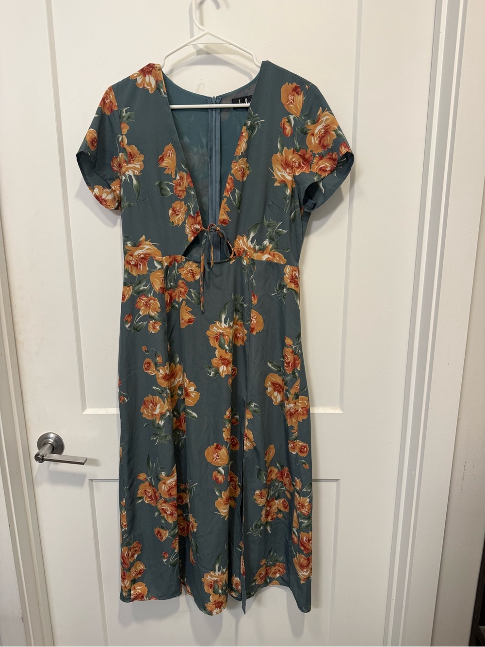 Lulus Floral Tie-Front Midi Dress in Teal with Orange Bloom
